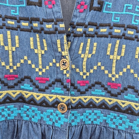 Roper Womens Embroidered Denim Tunic Shirt Blue Cactus Aztec Sz M Boho Western - Picture 4 of 13